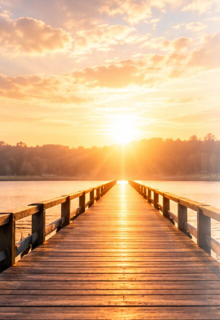 Sunrise over a wooden pier stretching across calm water